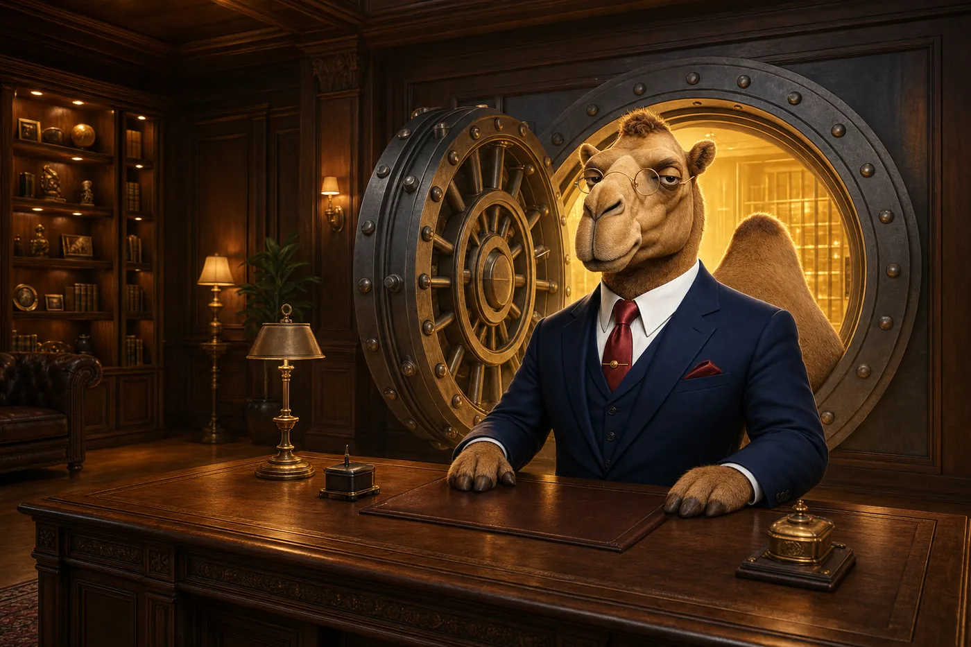 Humphrey at a wooden desk in front of an open round brass vault door, lit by a green banker's lamp.