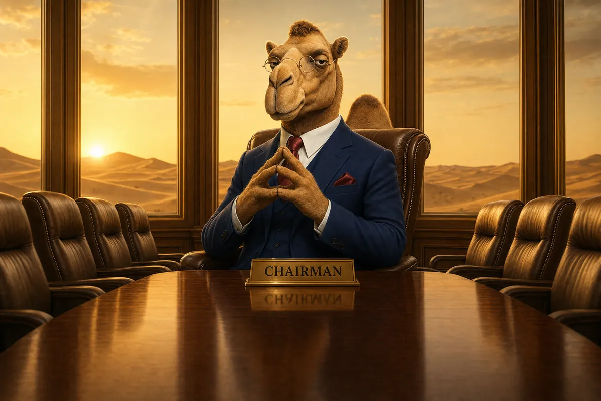Humphrey seated at the head of a long boardroom table at sunset, fingers steepled, behind a brass plaque reading Chairman.
