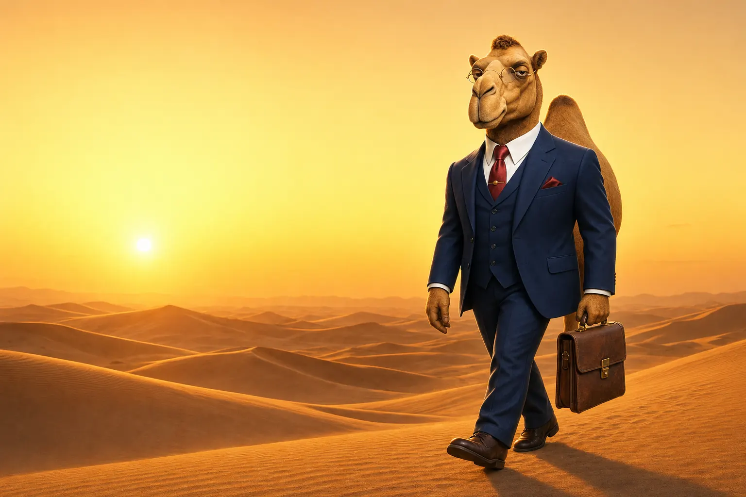 Humphrey, a camel chairman in a navy three-piece suit and round gold spectacles, walks across the dunes at sunset carrying a leather briefcase.