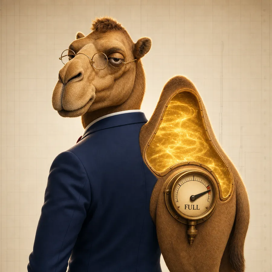 Humphrey seen from behind, his hump opened in cross-section and glowing gold inside, with a brass gauge on it reading FULL.