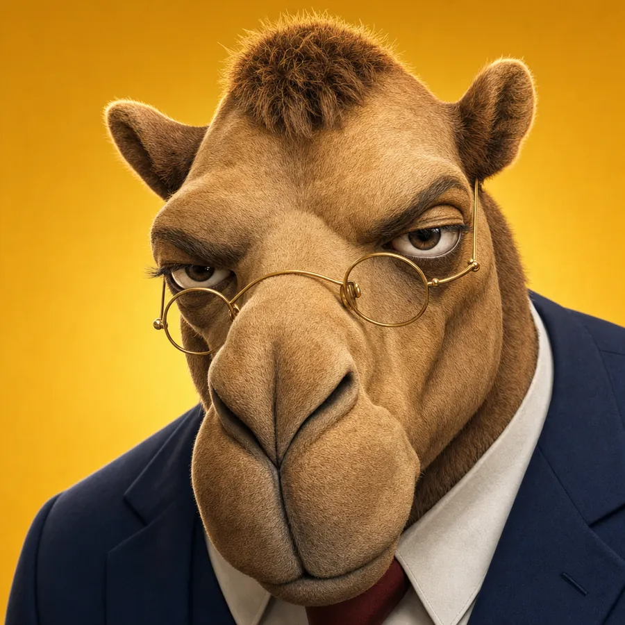 Close portrait of Humphrey peering over his round gold spectacles, unimpressed.