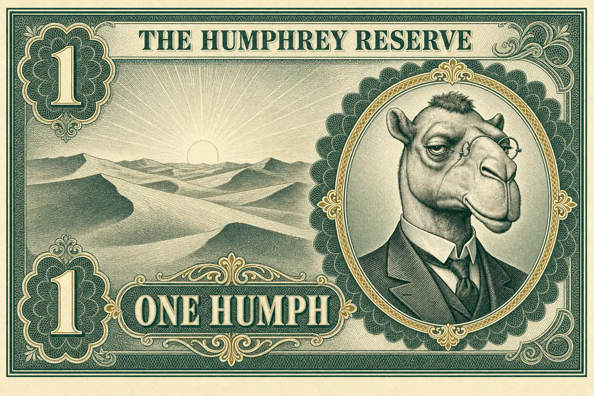 An engraved green banknote reading The Humphrey Reserve, One Humph, with Humphrey's portrait in an oval frame.